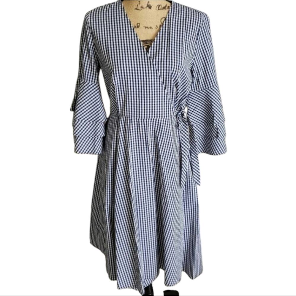 Calvin Klein Gingham Wrap‎ Dress Navy White Flounce Tiered Sleeve Midi Party